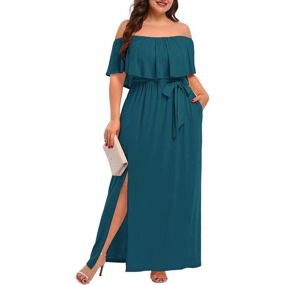 Plus Size Off The Shoulder Maxi Long Casual Beach Dress Pockets Women Acie Blue - Picture 1 of 6
